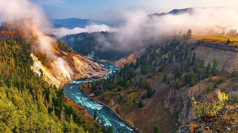 方解石温泉区和黄石河，黄石国家公园，怀俄明州，美国 (© Rebecca L. Latson/Getty Images)via Bing每日壁纸